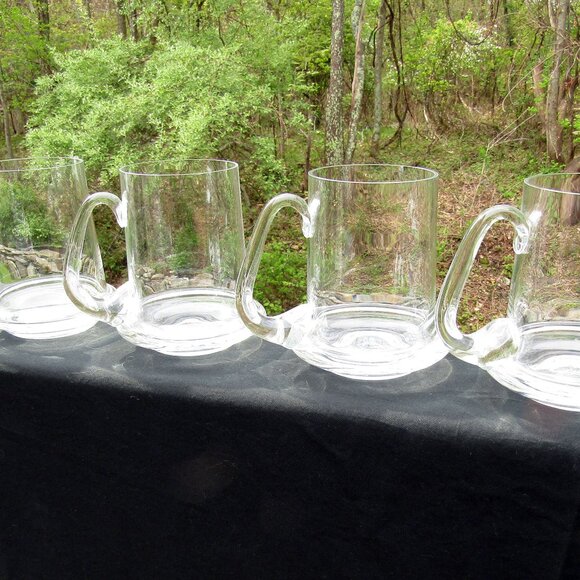 Vintage Set of 4 MCM Glass Beer Mugs | Unique Applied Handle Barware - Picture 1 of 5